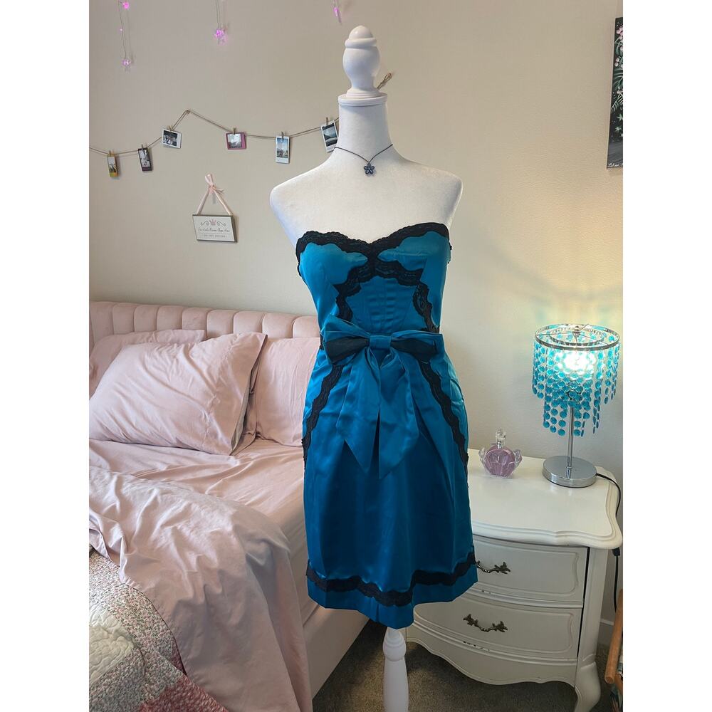 turquoise and black vintage y2k lace trim with bow dress